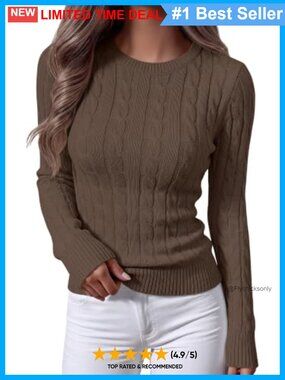 Women's Cable Knit Slim Fit Long Sleeve Crew Neck Pullover Sweater